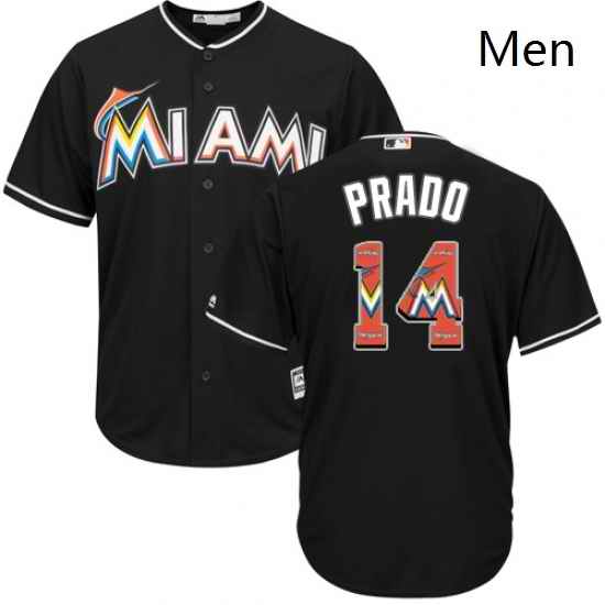 Mens Majestic Miami Marlins 14 Martin Prado Authentic Black Team Logo Fashion Cool Base MLB Jersey